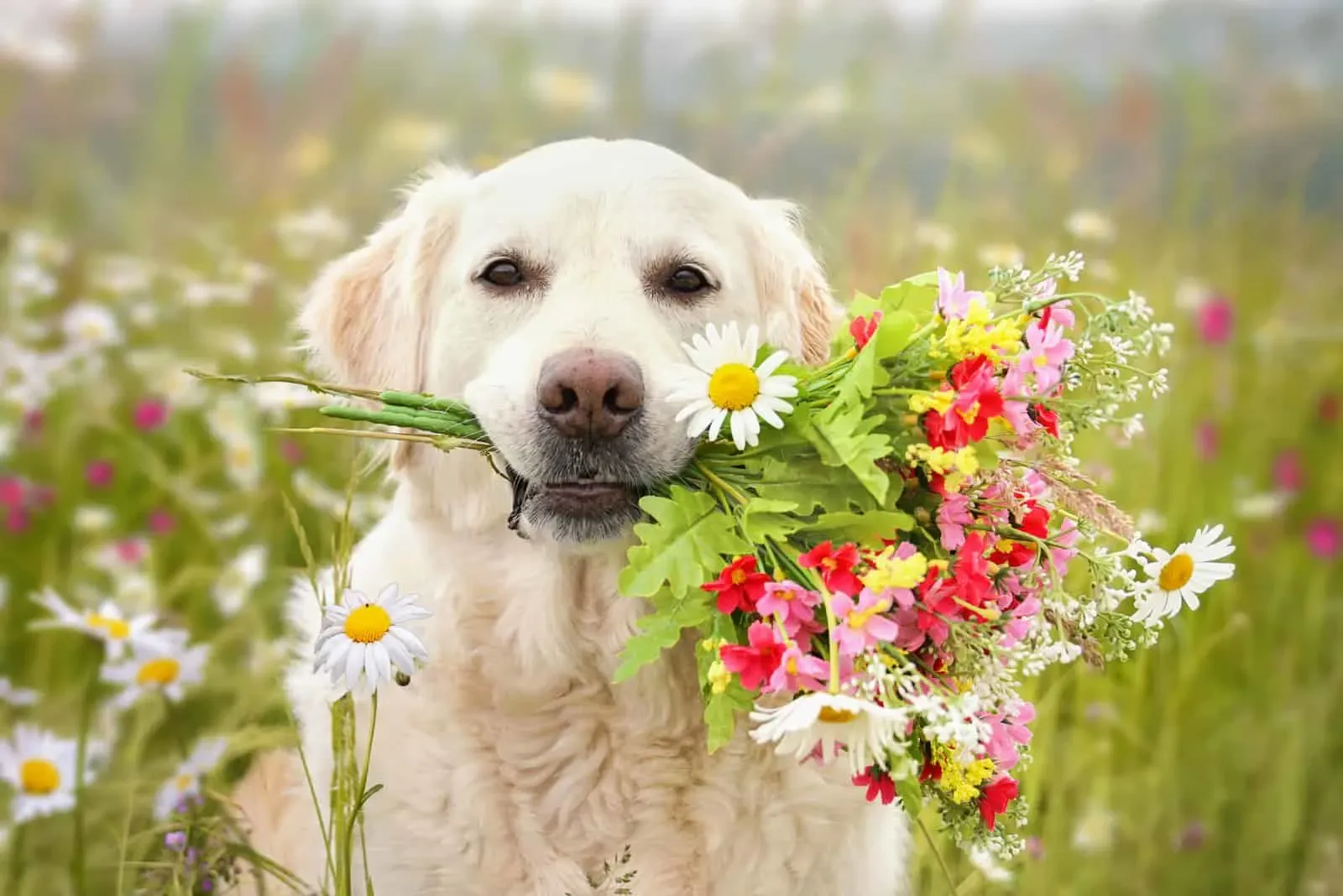 flowers in dog mouth