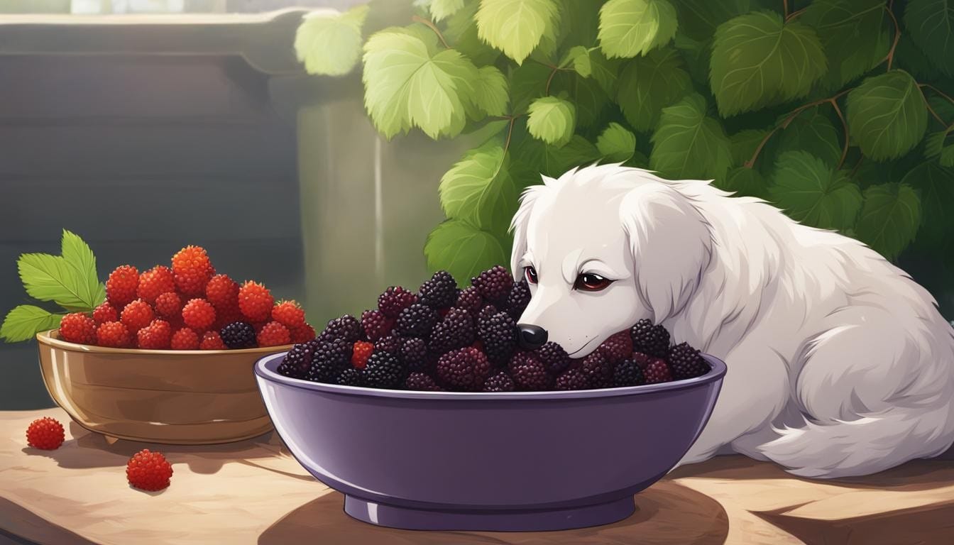 A white dog rests by a bowl of muddlberries with raspberries nearby.