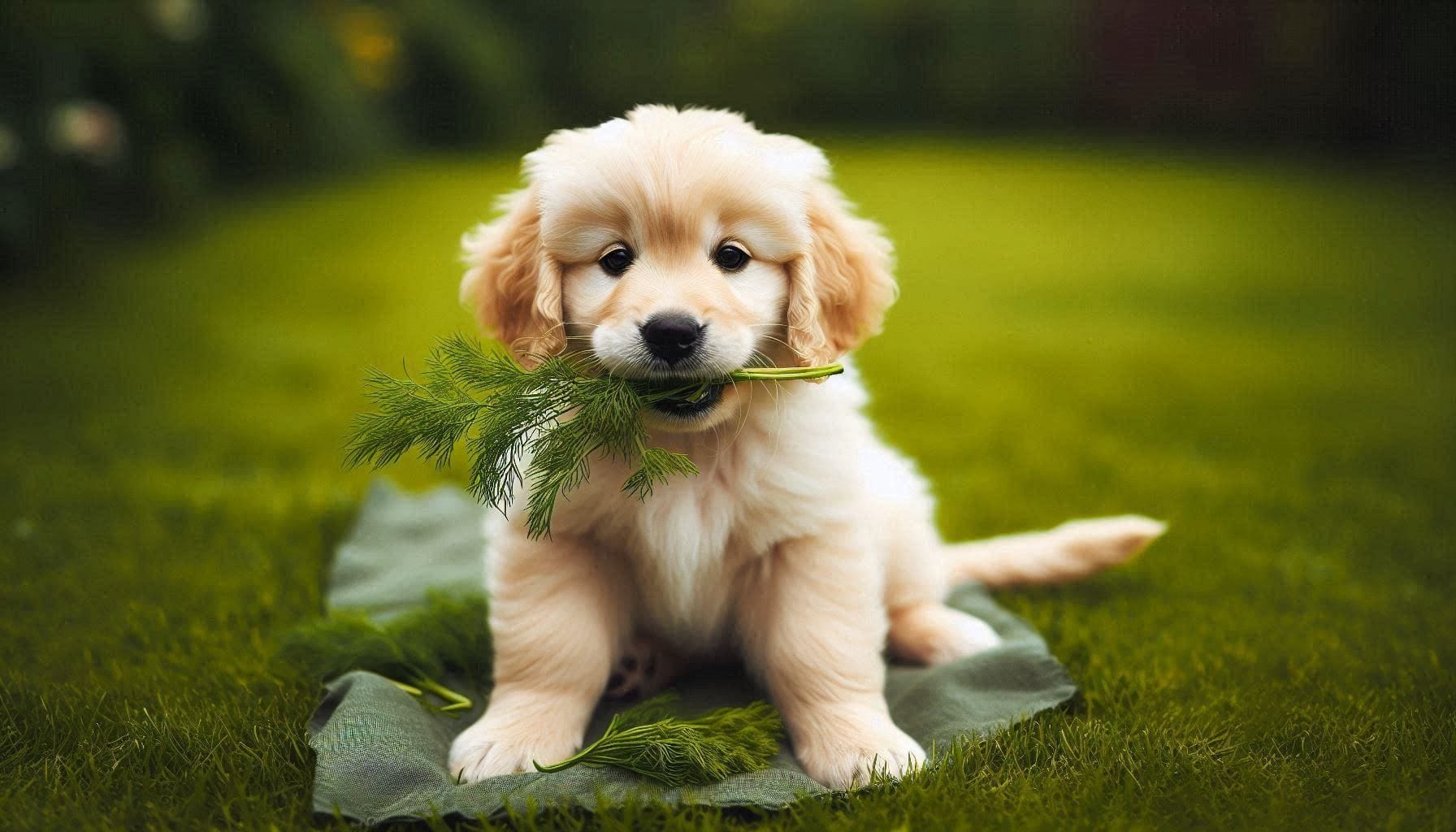 Dog eating dill in a garden