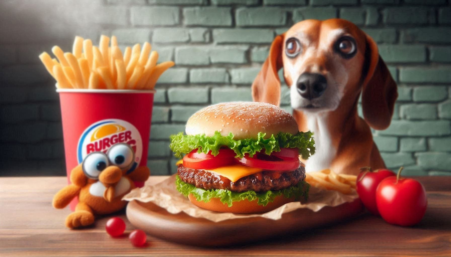 Dogs and Burger King Whopper on the table