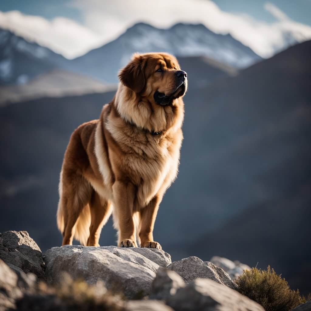 Tibetan Mastiff standing on a rock