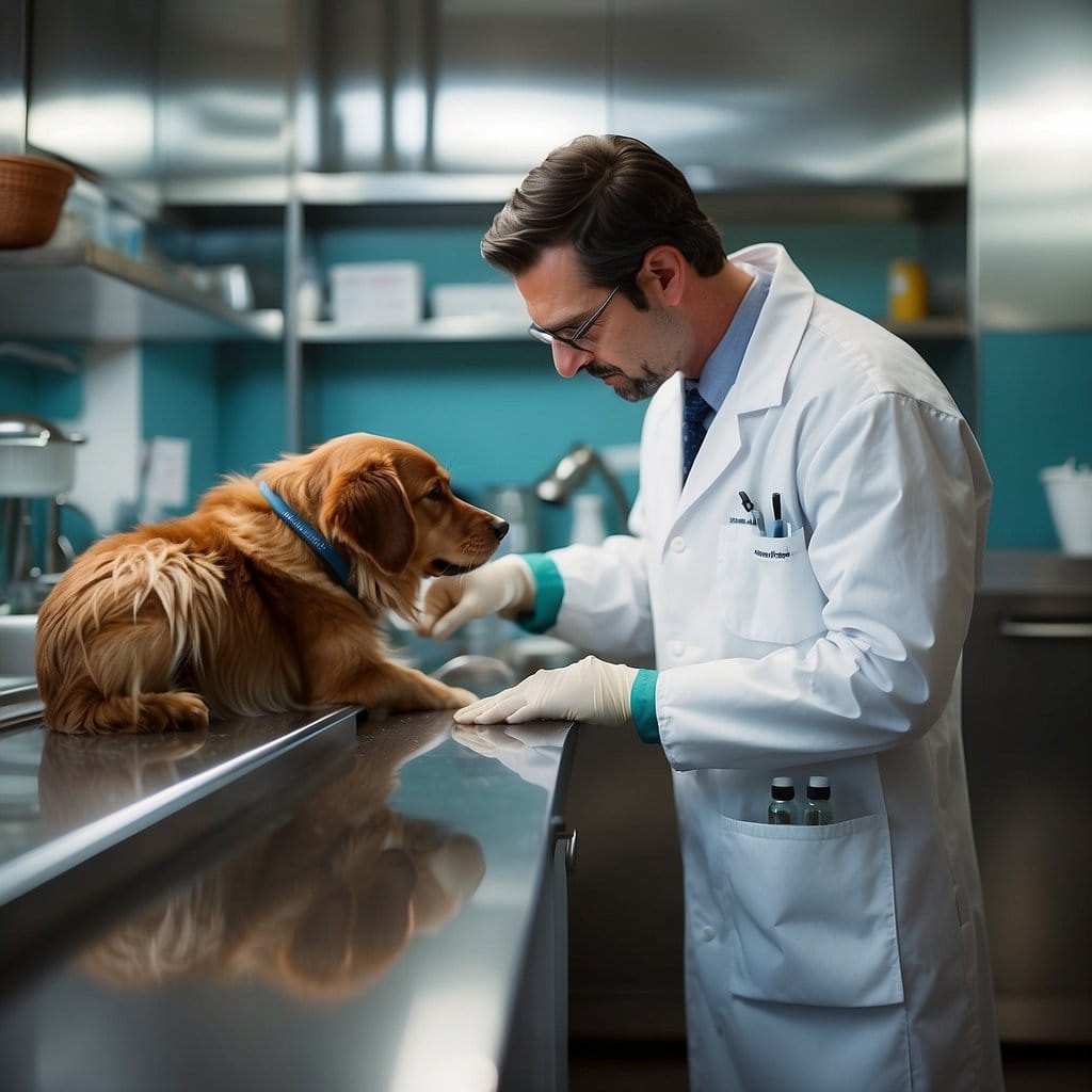 A vet inspecting a dog